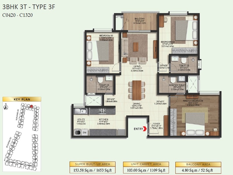 3 BHK Floor Plan 1653 Sq.Ft - Brigade Eternia