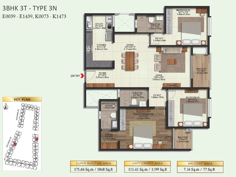 3 BHK Floor Plan 1848 Sq.Ft - Brigade Eternia