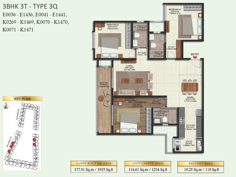 3 BHK Floor Plan 1915 Sq.Ft - Brigade Eternia