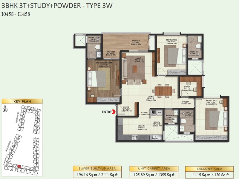 3 BHK Floor Plan 2111 Sq.Ft - Brigade Eternia