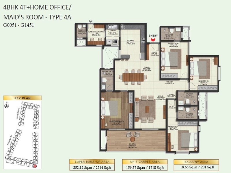 4 BHK Floor Plan 2714 Sq.Ft - Brigade Eternia