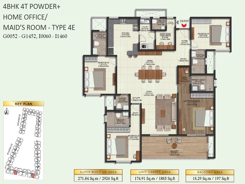 4 BHK Floor Plan 2926 Sq.Ft - Brigade Eternia